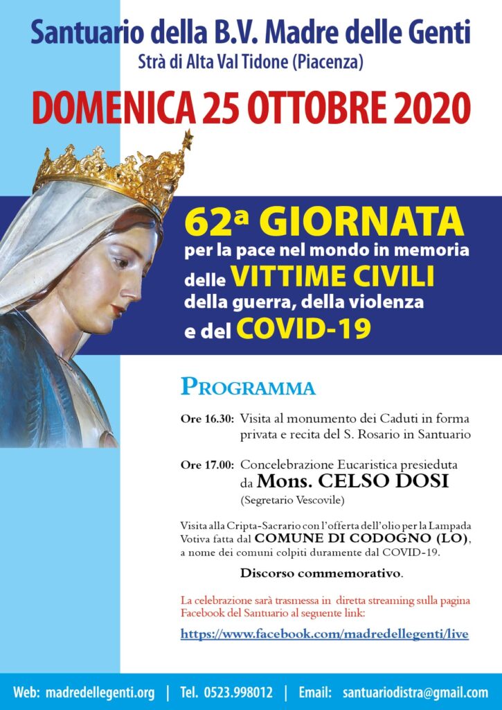 Domenica 25 Ottobre, Santuario di Strà. Celebrazione in memoria di tutte le VITTIME delle GUERRE, della VIOLENZA e in modo particolare del COVID19.